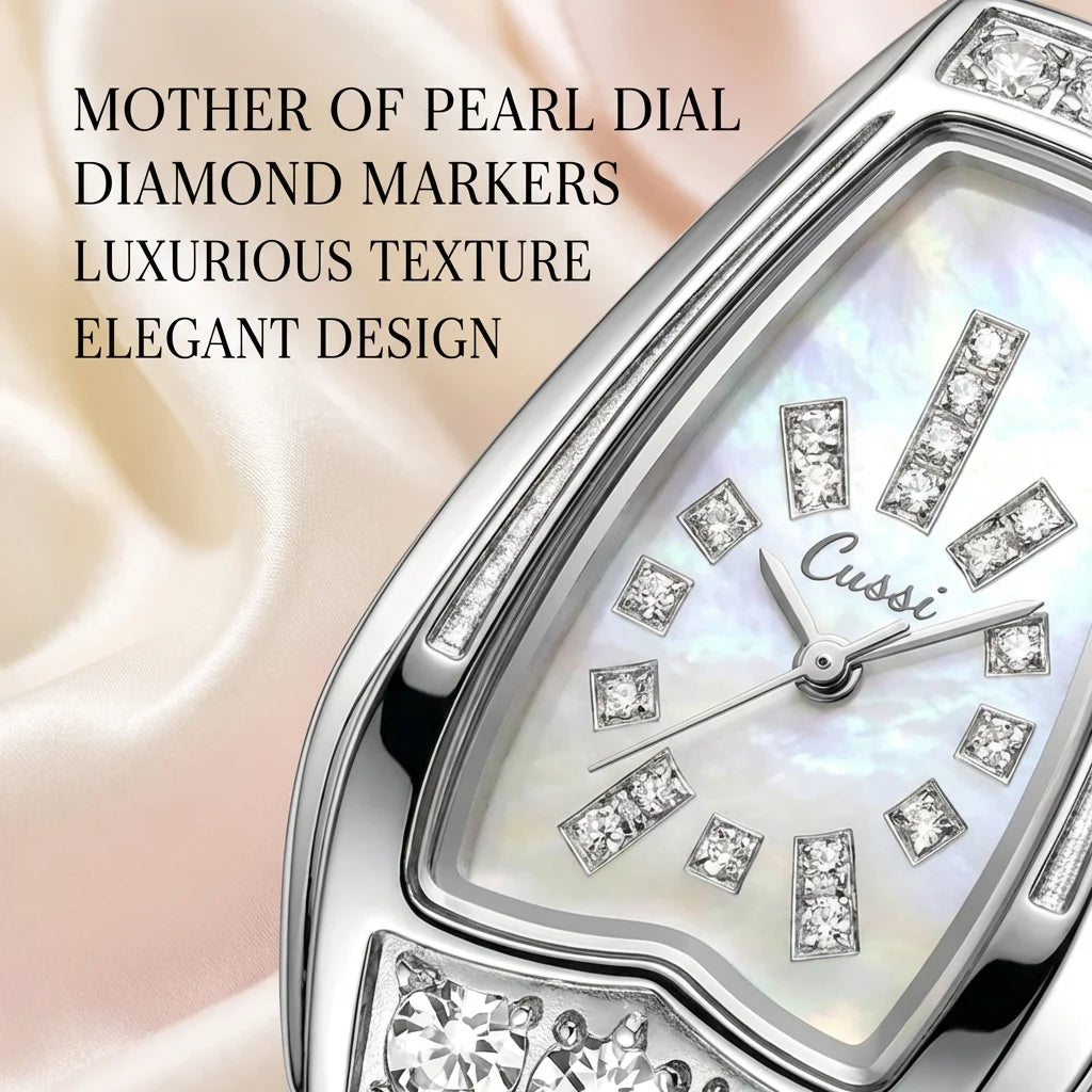 4pc Women's Silver & Mother-of-Pearl Stainless Steel Elegant Luxury Crystal-Embedded Quartz Watch Gift Set, Birthday