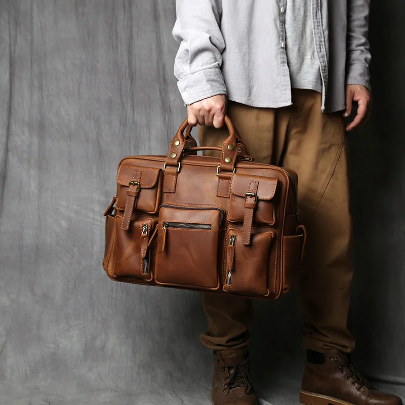 Retro Men's Leather Handbag Top Layer Cowhide Briefcase Large Capacity Travel Bag Crazy Horse Leather Laptop Shoulder Bag NZPJ