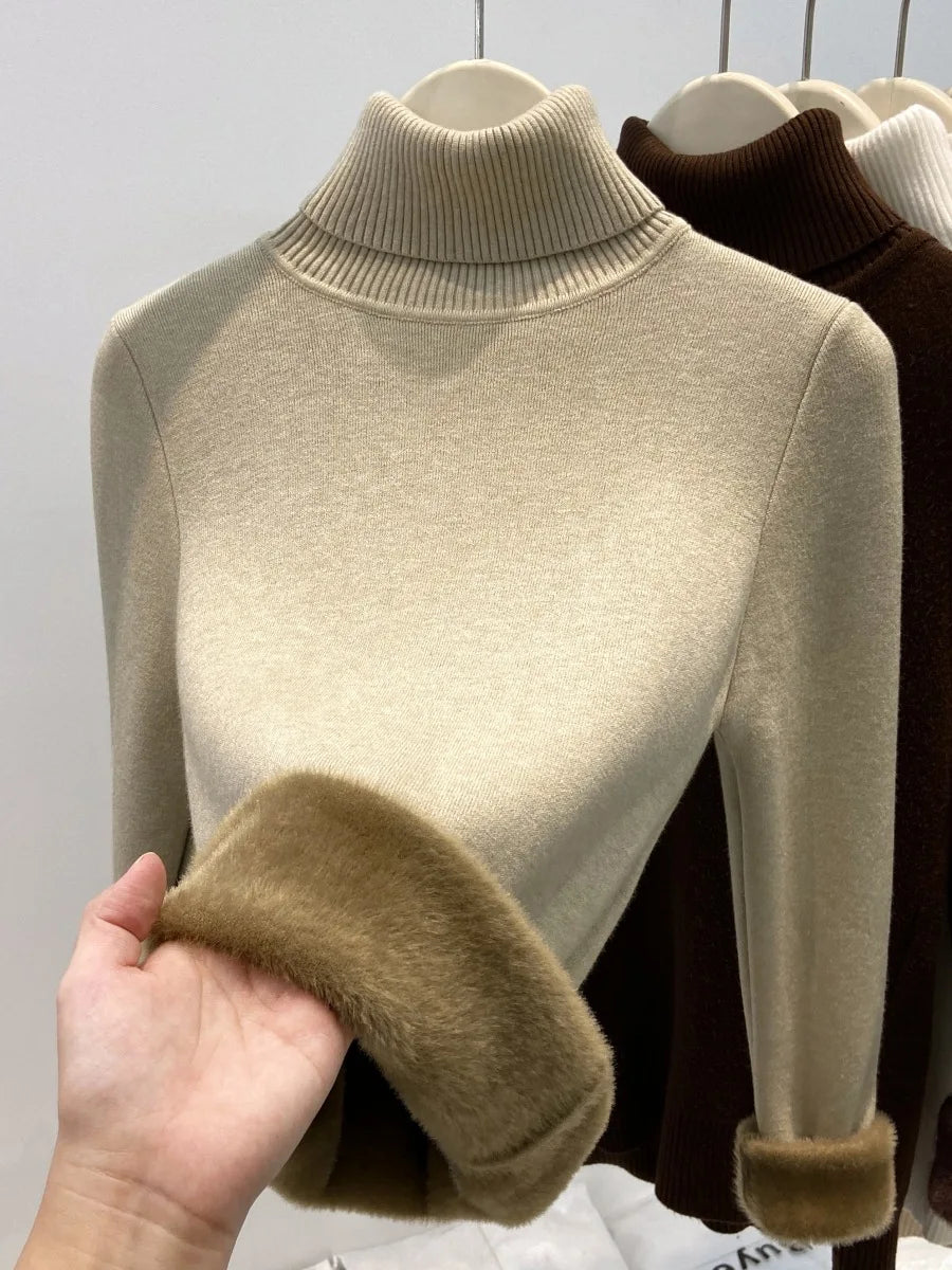 Thickened High Collar One-Piece Fleece Knitted Sweater Women Winter Slim Fit Inner Wear Fashionable Basic Style Base Shirt
