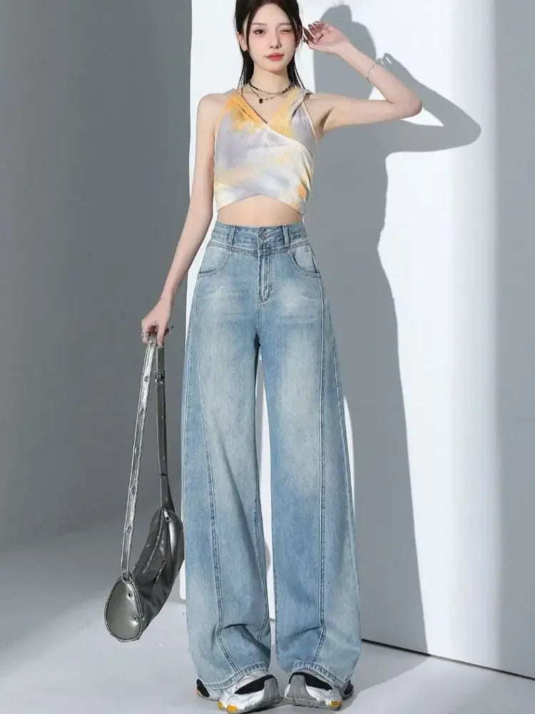 American Style High Waist Loose Women's Blue Jeans Retro Straight Leg Pants Drapey Floor-Length Trousers Versatile Wide Leg Pant