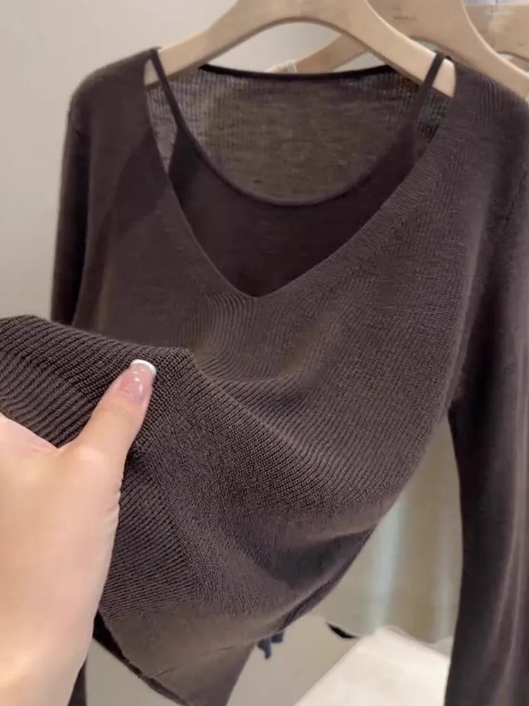 Ladies' Knitted Woolen Loose Fashionable Top Hollow out Fake Two-Piece Style Autumn New Arrival Comfortable Casual Korean Style