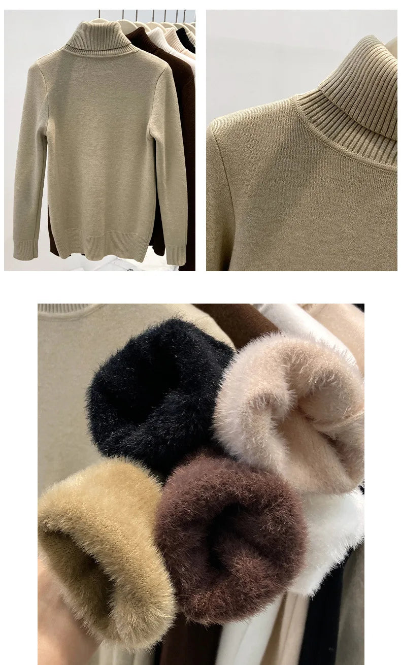 Thickened High Collar One-Piece Fleece Knitted Sweater Women Winter Slim Fit Inner Wear Fashionable Basic Style Base Shirt