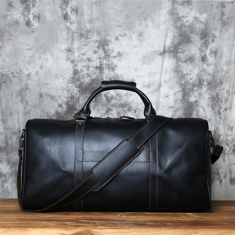 NZPJ Men's Retro Leather Large-capacity Travel Bag Crazy Horse Leather Handbag Top Layer Cowhide Business Trip Shoulder Bag
